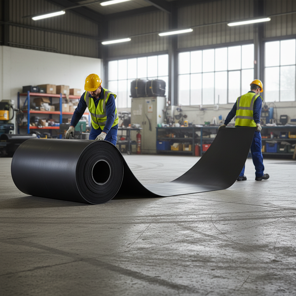 10m Rubber Roll Being Installed in Workshop - Heavy Duty SBR Floor UK