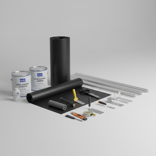 Complete EPDM roofing kit with membrane adhesive trims and tools