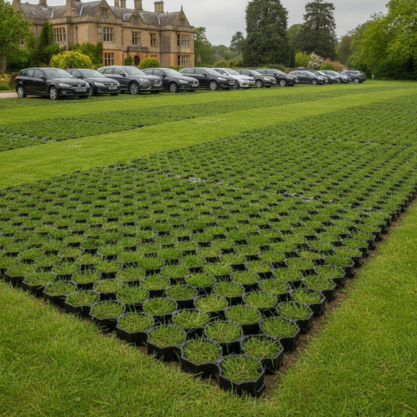 Black X-Grid permeable grid installed as grass overflow car park at UK venue