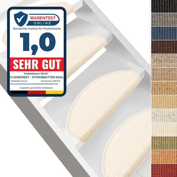 Sisal Stair Mats, Inside, Semicircular, Stair Treads Mats for Wooden Stairs, Non-Slip Stair Carpet, Self-Adhesive and Allergy Friendly (Ivory, Dimensions Approx. 64 x 23.5 cm) - Stair Mat for UK homes and businesses