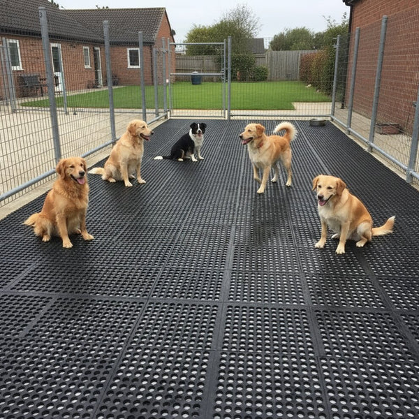 Rubber grass mats installed in outdoor dog kennel run with drainage