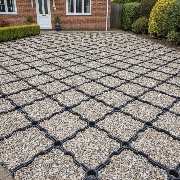Black permeable ground reinforcement grid installed as a pale gravel driveway at UK residential property