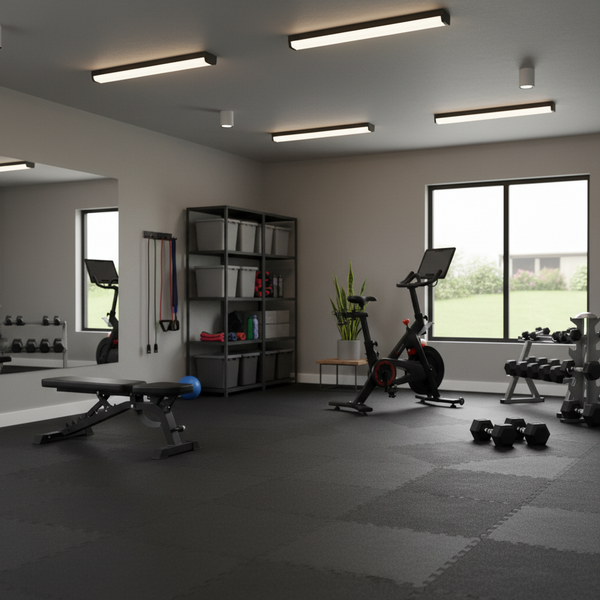 Black interlocking puzzle mats in garage fitness area - modular exercise flooring