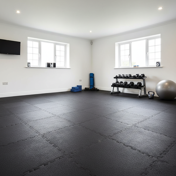 Black interlocking puzzle mats in home fitness room - 10mm rubber flooring