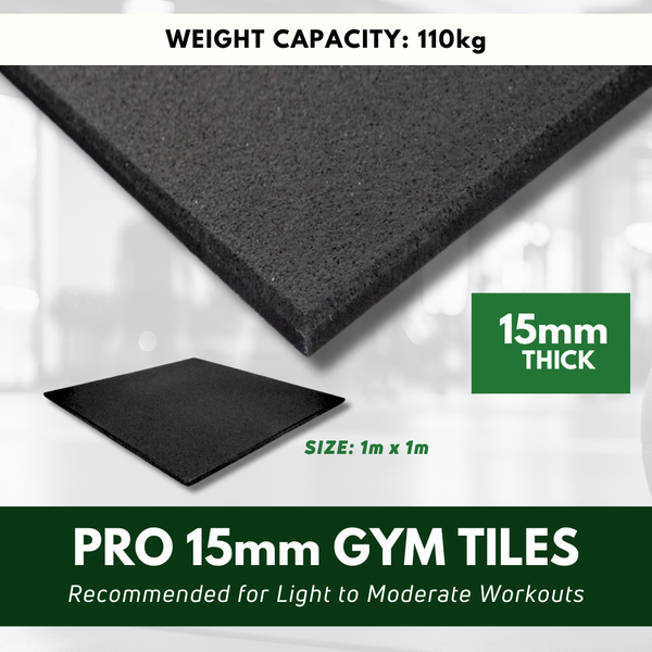 MatPro 15mm rubber gym flooring tile - light impact 1m² black rubber tile