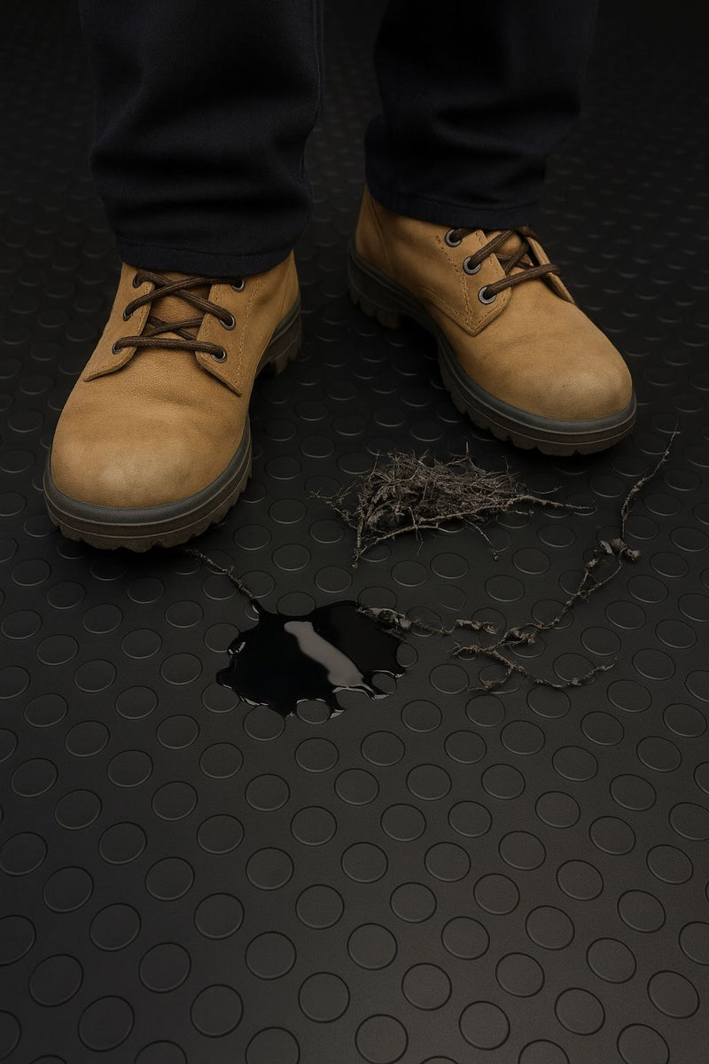Industrial-Grade Non-Slip Rubber Matting – R11 Oil-Resistant Safety Flooring with Dot Stud Penny Pattern