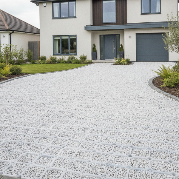 Natural white X-Grid ground reinforcement grid installed as premium white gravel driveway at modern UK property
