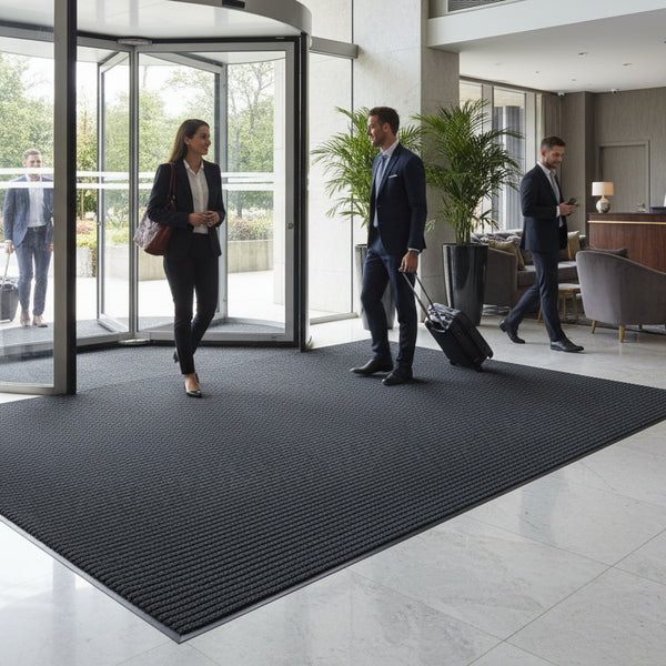 Anthracite ribbed matting in hotel reception area