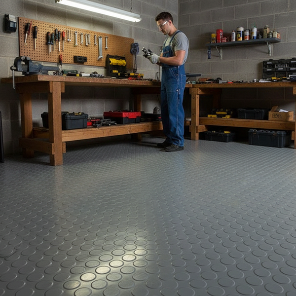 Anti-Fatigue Rubber Flooring Studded Penny Pattern R11 Non-Slip Heavy Duty Roll - industrial mat UK - product hero shot showing full dimensions