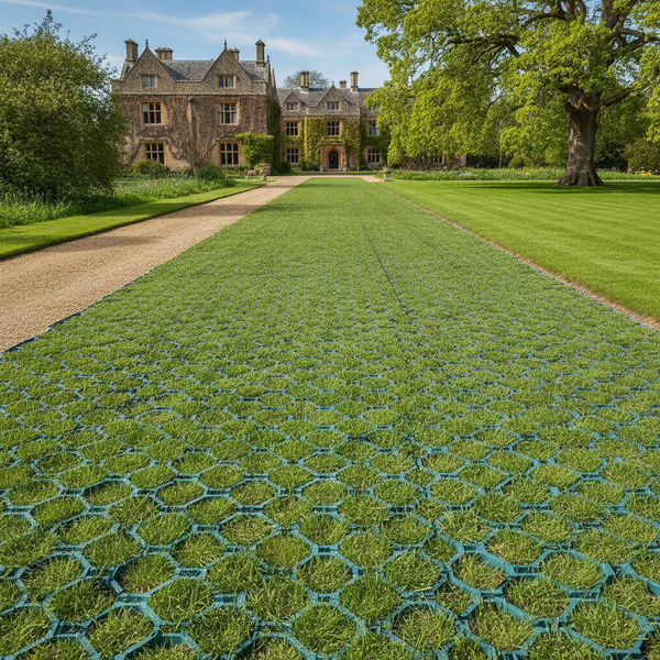 Green X-Grid ground reinforcement grid installed as reinforced grass driveway at UK heritage property