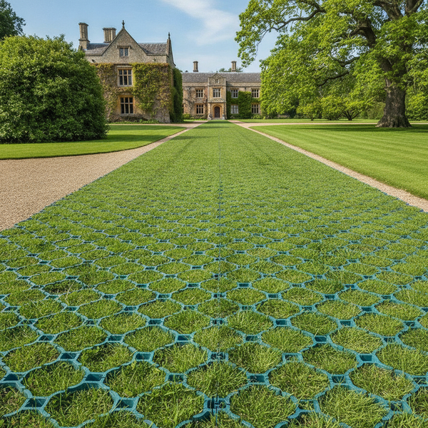 Green permeable ground reinforcement grid installed as reinforced grass driveway at UK heritage estate