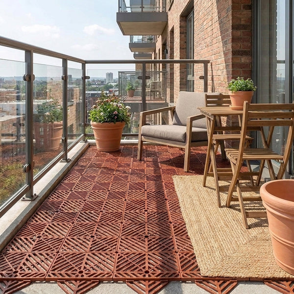 Interlocking deck tiles on UK roof terrace with city skyline view