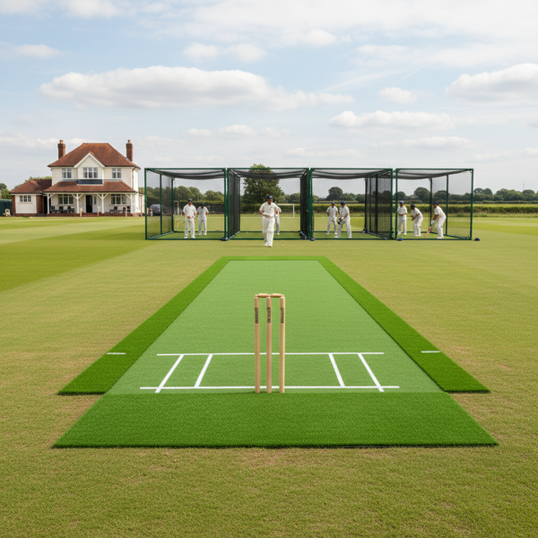 Cricket Practice Grass Matting installed at UK cricket club with batting practice nets and wickets