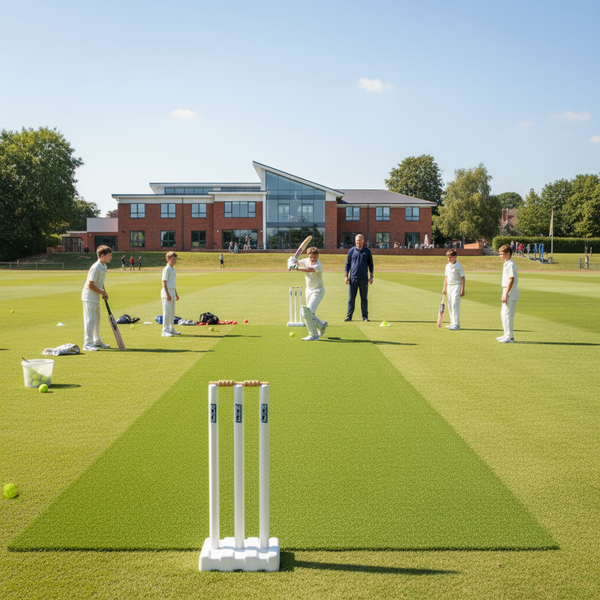 Match Wicket Synthetic Turf showing school cricket practice area with students and coach