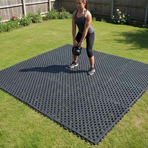 CrossFit outdoor gym rubber grass mat - interlocking hexagonal drainage tiles