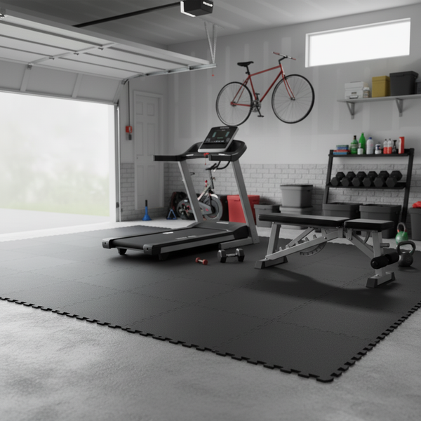 15mm Black interlocking puzzle mats in home basement fitness area - modular exercise flooring