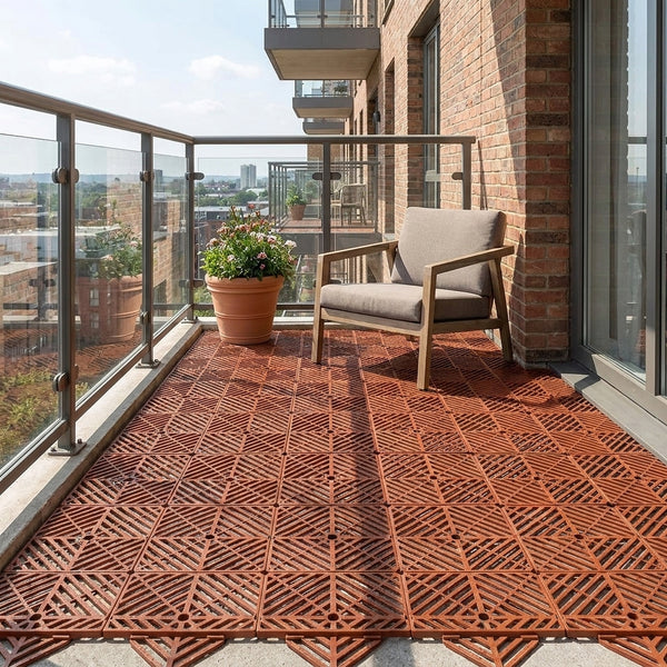 Plastic interlocking decking tiles on UK apartment balcony