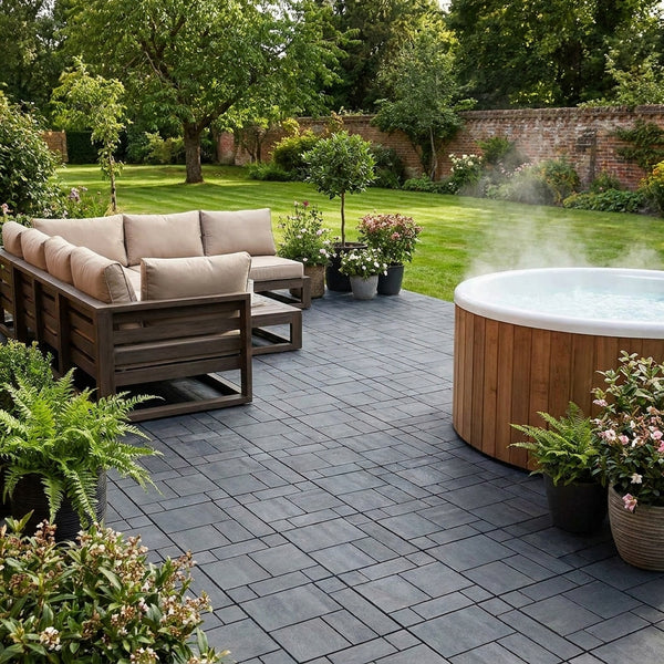 Grey recycled composite decking tiles around UK garden hot tub