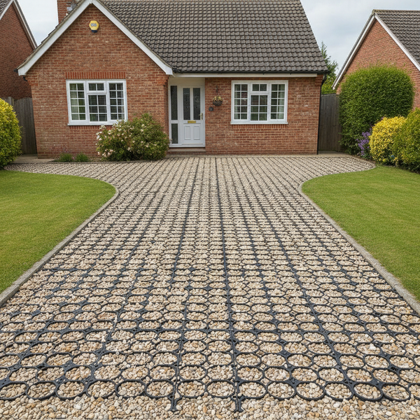 Black X-Grid ground reinforcement grid installed as a gravel driveway at a UK residential property
