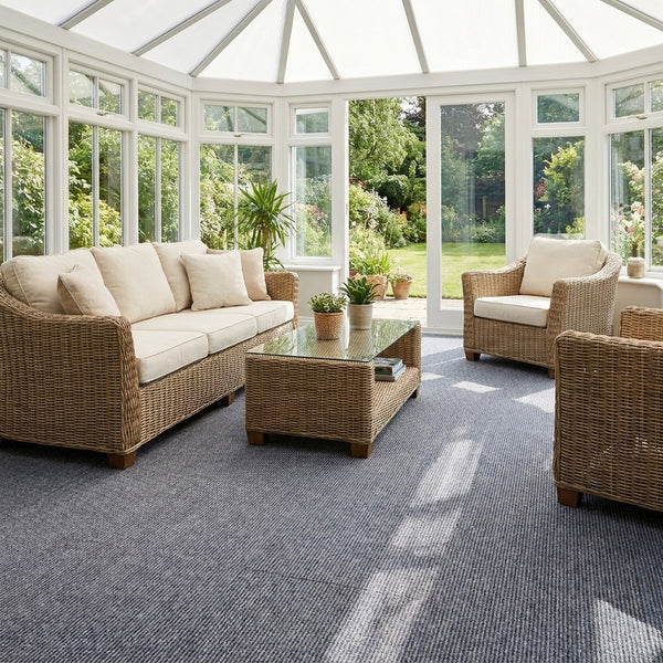 Carpet tiles in UK conservatory with wicker furniture