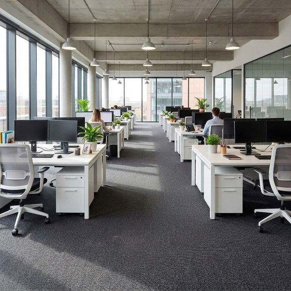 Heavy duty carpet tiles in UK commercial office with rows of workstations