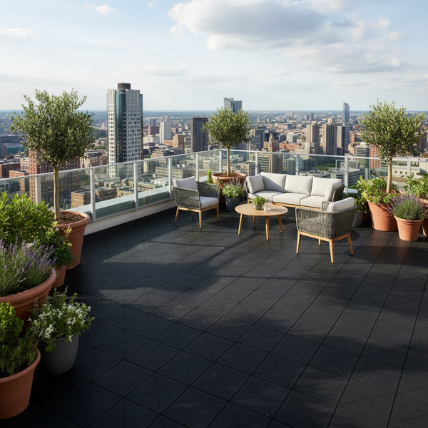 Rubber Rooftop Tiles Extra Thick installed on UK rooftop garden