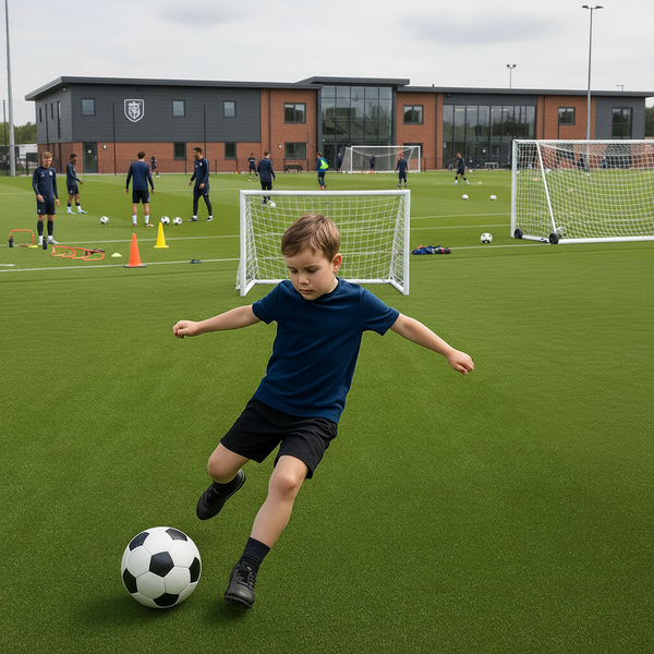 Football Practice Turf installed at UK football training ground with players practicing and goal posts