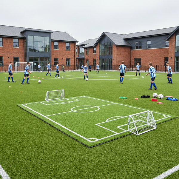 Outdoor Sports Synthetic Grass showing school football pitch with students in PE kit playing