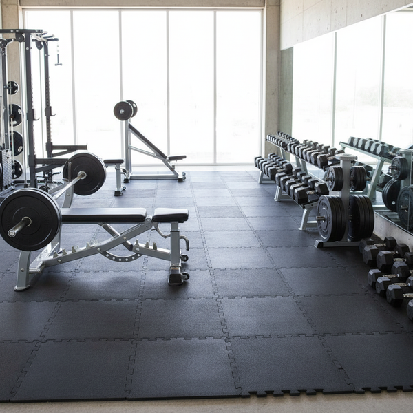 17mm Heavy Duty Rubber Gym Mat installed in professional home gym with Olympic barbell