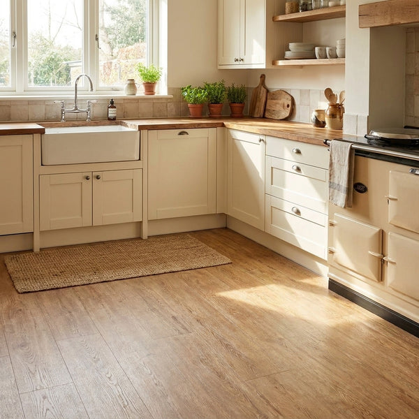 Honey oak vinyl planks in UK kitchen with cream shaker cabinets