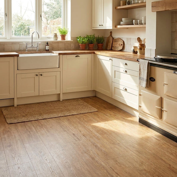 Honey oak vinyl planks in UK kitchen with cream shaker cabinets