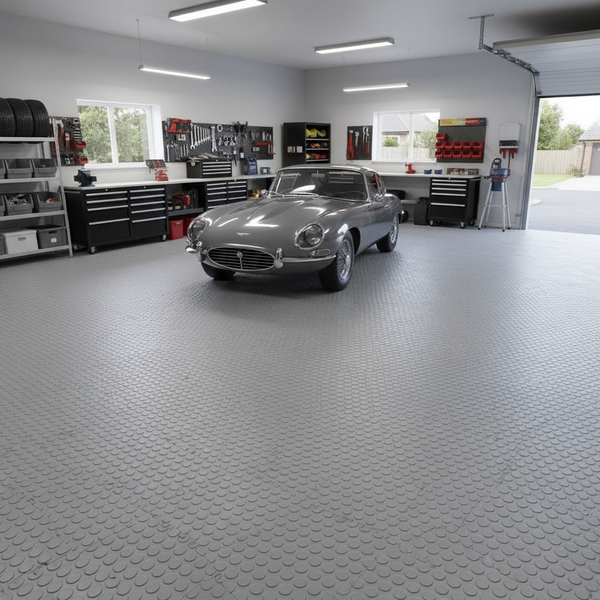 MatPro Interlocking PVC Floor Tiles Penny Pattern Grey Garage Workshop Installation