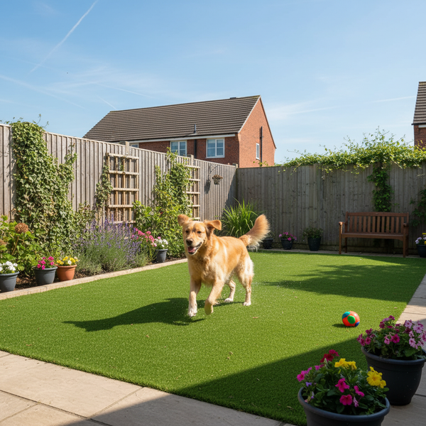 Pet friendly artificial lawn grass in British garden with dog