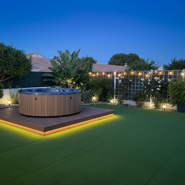 Synthetic grass installed around hot tub in UK garden