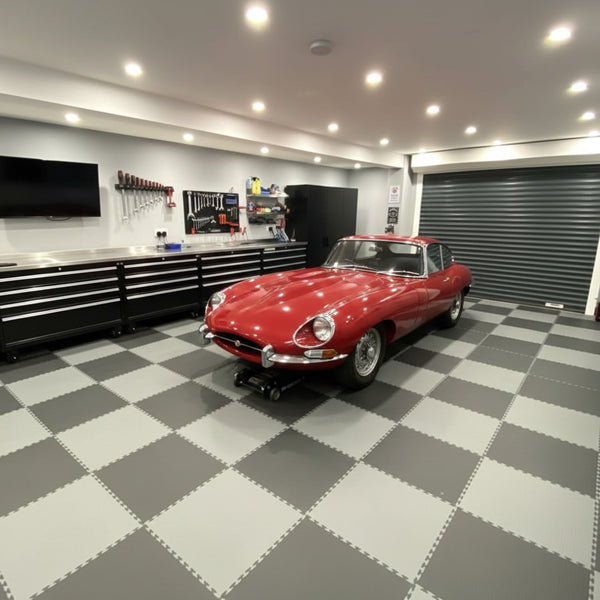 Heavy duty PVC garage floor tiles installed in classic car garage UK