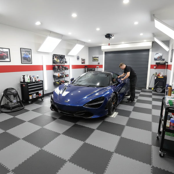 PVC interlocking garage floor tiles in professional detailing workshop UK
