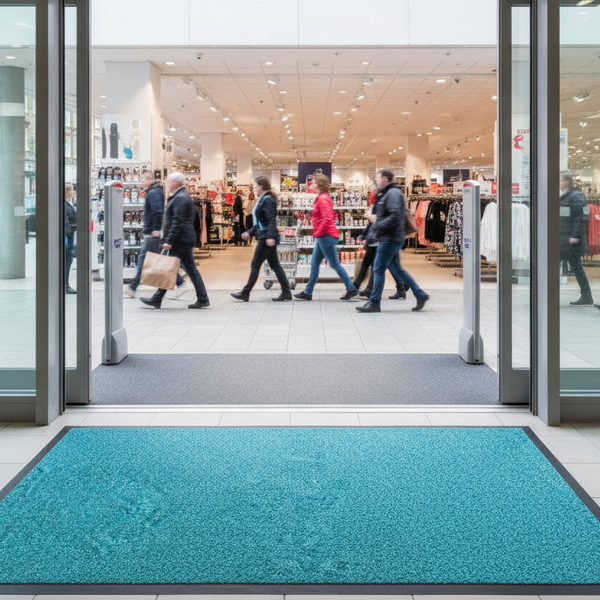 Washable Dirt Trapper Mat Turquoise 200×400cm – Non-Slip Hea - Retail Store Setting