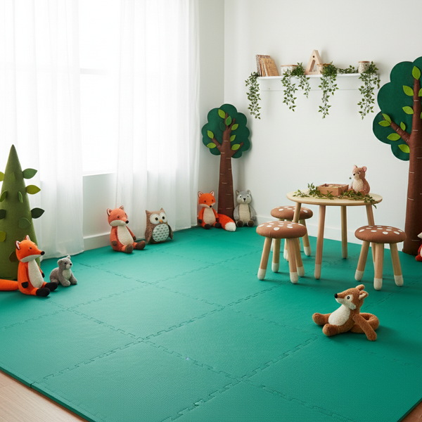 Forest Green EVA Foam Tiles in Nature-Themed Children's Playroom