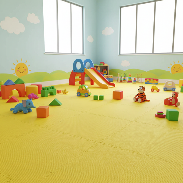 Yellow EVA foam interlocking floor tiles in children play area with toys