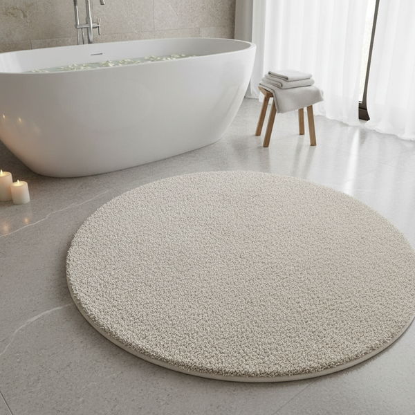 Round Fluffy Bathroom Rug 120cm Ivory – Non-Slip Washable Sh - Spa Bathroom Setting