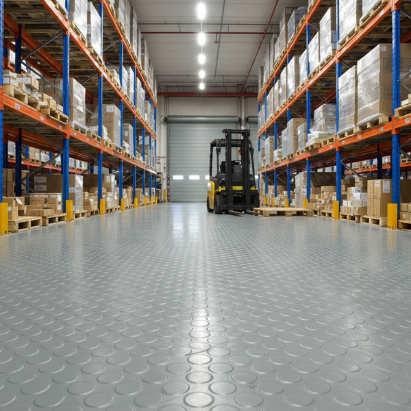 Warehouse Rubber Flooring Studded Penny Pattern R11 Non-Slip Heavy Duty Roll - industrial mat UK - product hero shot showing full dimensions