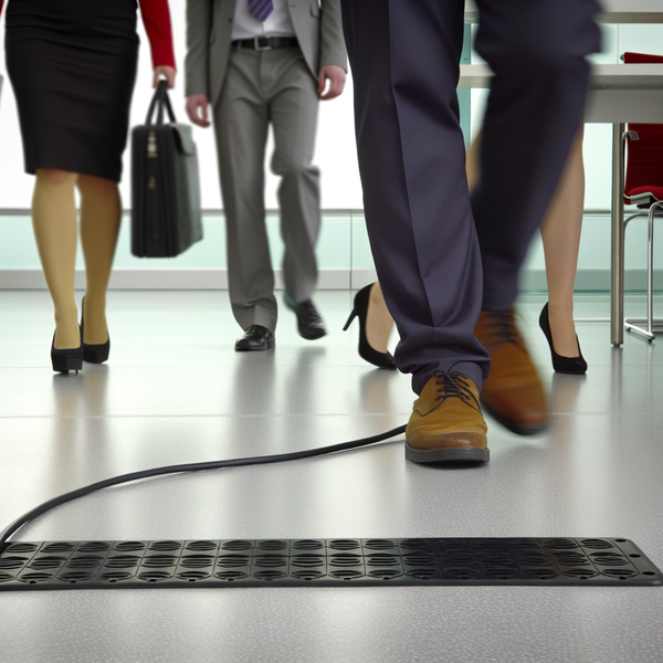 British office with cable protector across walkway