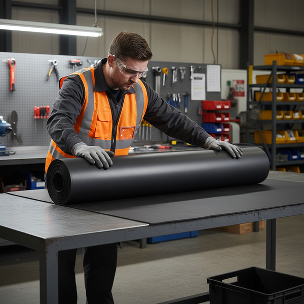 Worker Unrolling Heavy Duty Industrial Rubber Roll onto Workbench UK
