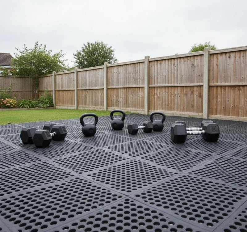 Rubber grass mats as outdoor gym flooring base - shock absorbing garden gym
