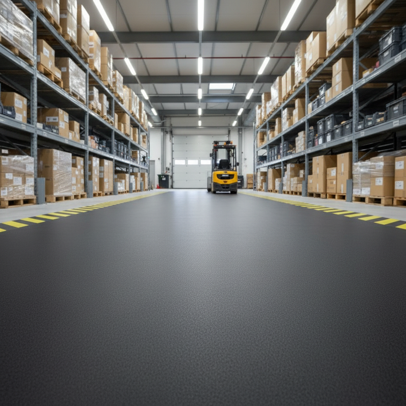 SafeStep heavy duty rubber roll flooring in warehouse aisle between storage racks