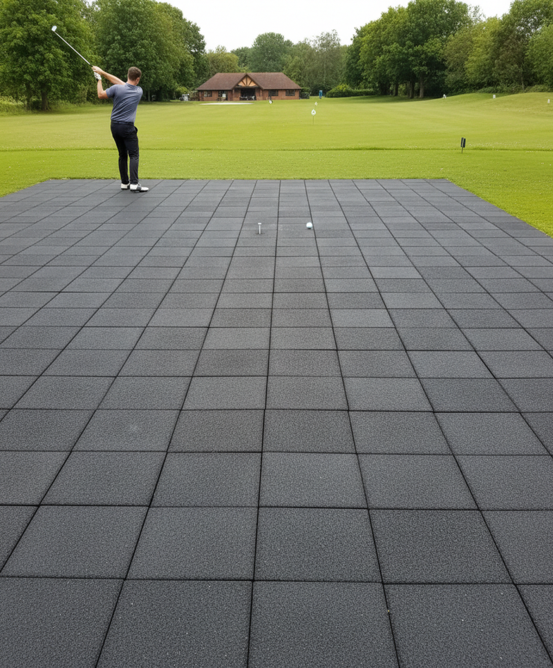 Rubber pavers at driving range tee area