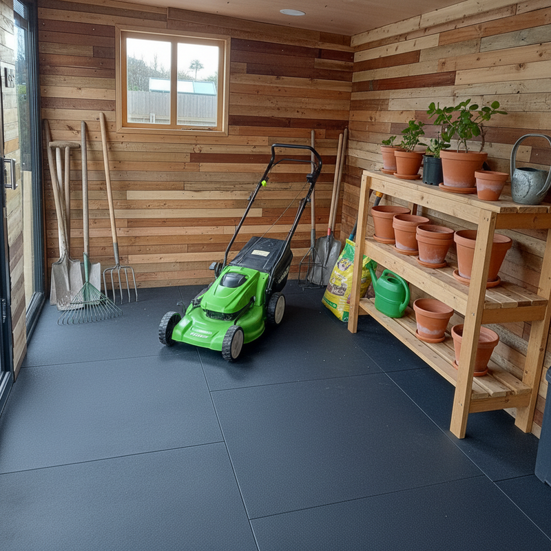 Shed Rubber Mats installed in British garden shed with tools and lawnmower