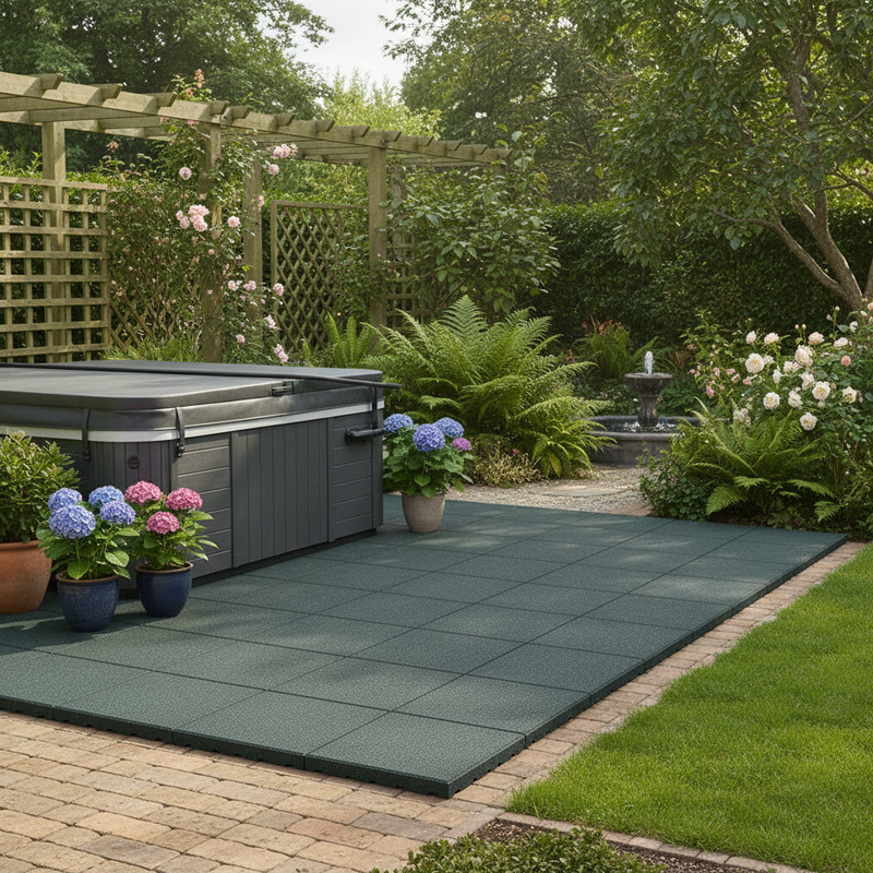 MatPro 30mm Green Gym Mat in garden patio near hot tub