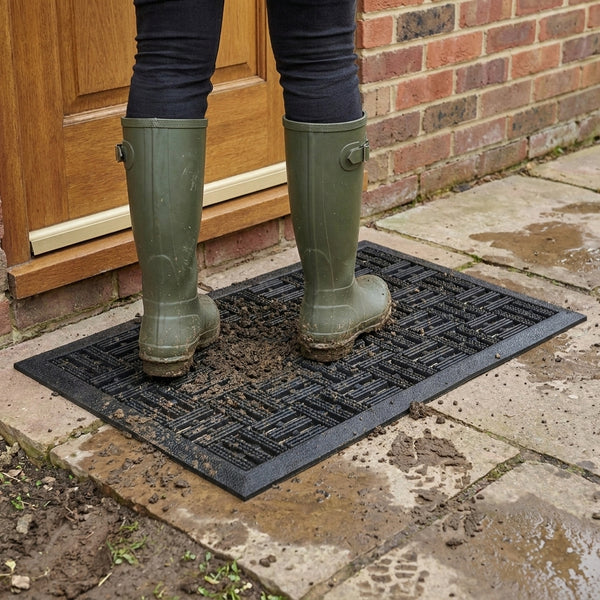 Heavy duty brick rubber scraper mat - muddy boots at UK back door