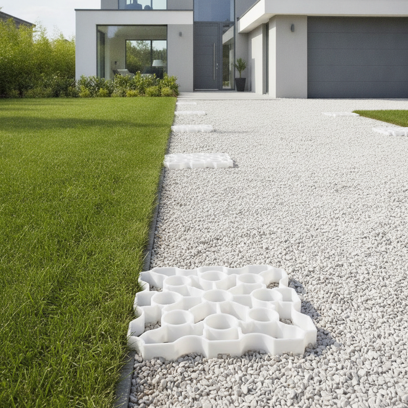 Natural white X-Grid permeable ground reinforcement panel installed as white gravel garden path at contemporary UK home